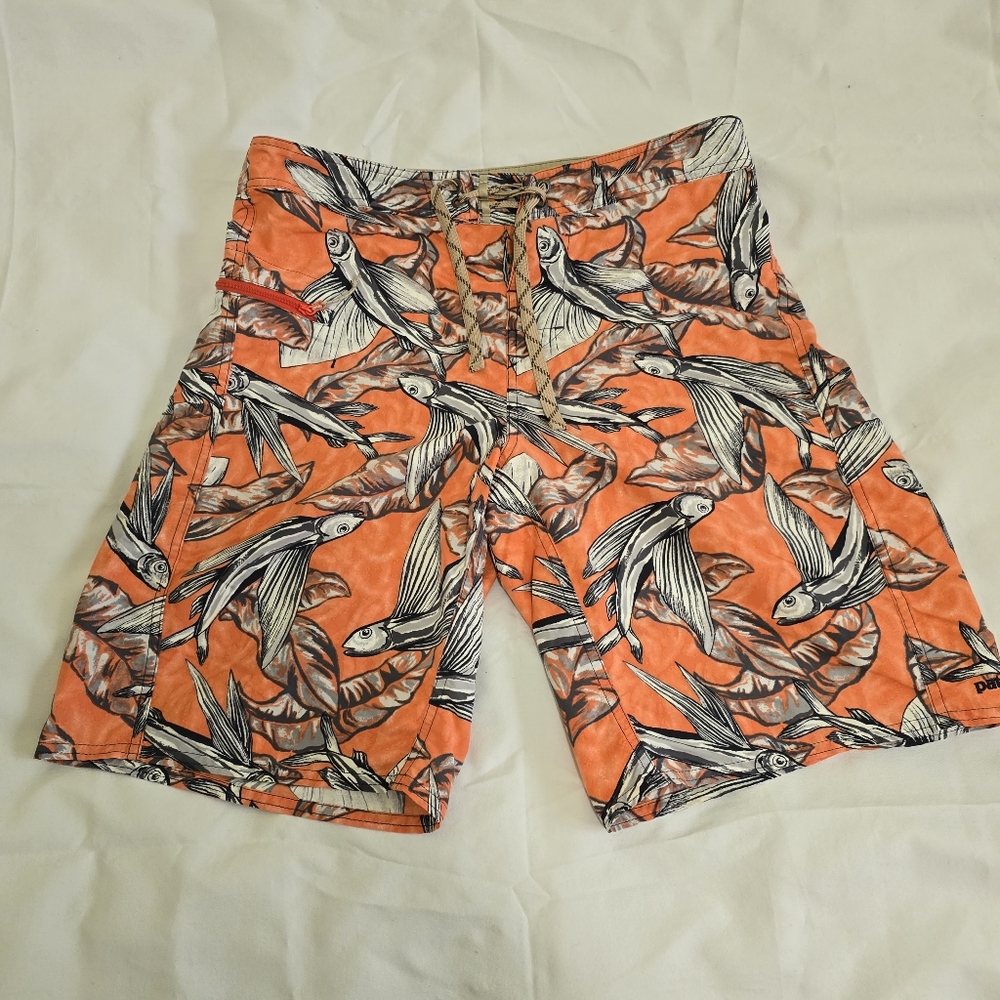Patagonia Board Shorts Mens 31 Orange Gray Flying Fish Swim Trunks.